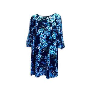 Connected Apparel 22W Plus Size Floral Print Shift Dress Bell Sleeve Navy Blue